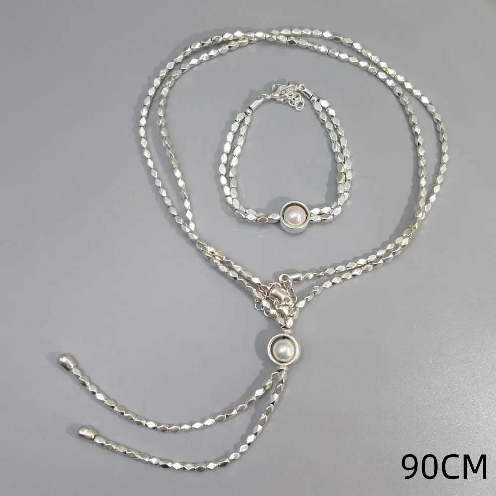 2026 Spring Retro Palace Style Silver Pearl Rice Grain Stone Bracelet Necklace Jewelry Two Piece Set Premium Gift
