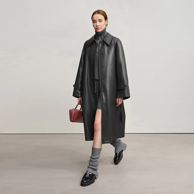 AMII 다운 코트 2025 겨울 신상 벨트 포함 PU 가죽 솔리드 롱 다운 재킷 여성용 따뜻한 싱글 브레스티드 스트레이트 탑 12554039