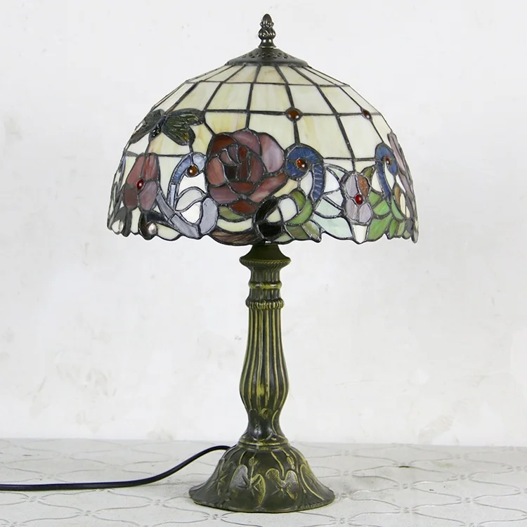 Abajur de libélula rosa de vidro manchado de 12 polegadas estilo base de zinco, lâmpada de sala de leitura