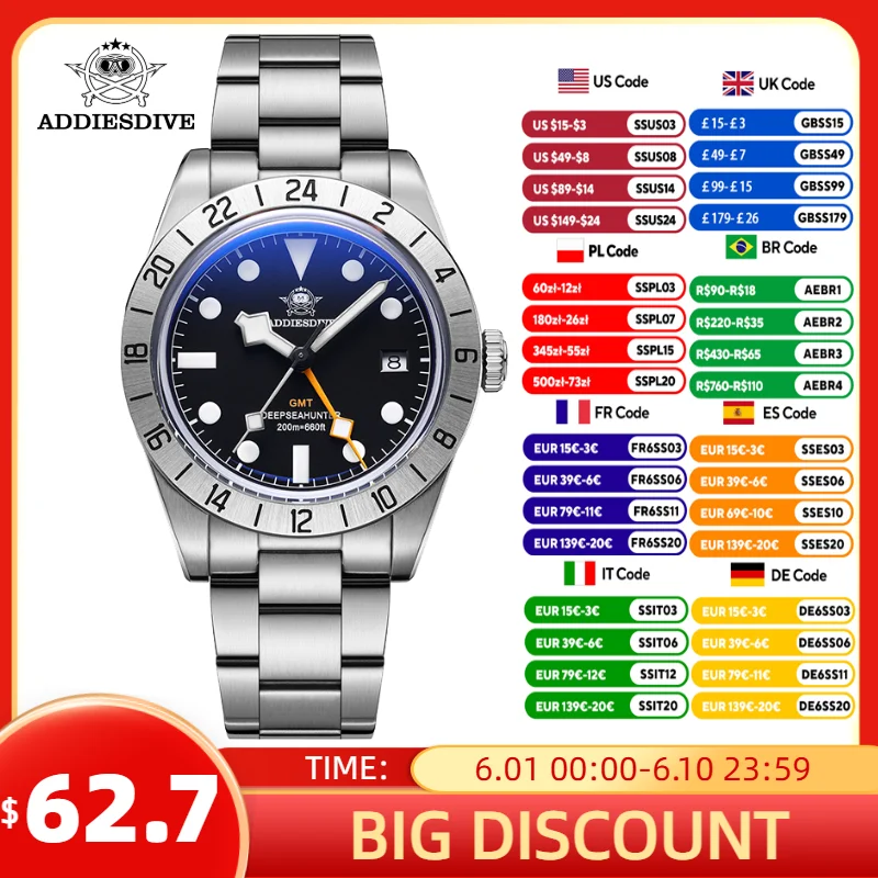 

ADDIESDIVE GMT Men‘s Watch 200m Diving Quartz Watch for Men Super Luminous Date 316L Stainless Steel Dress Business Wristwatch