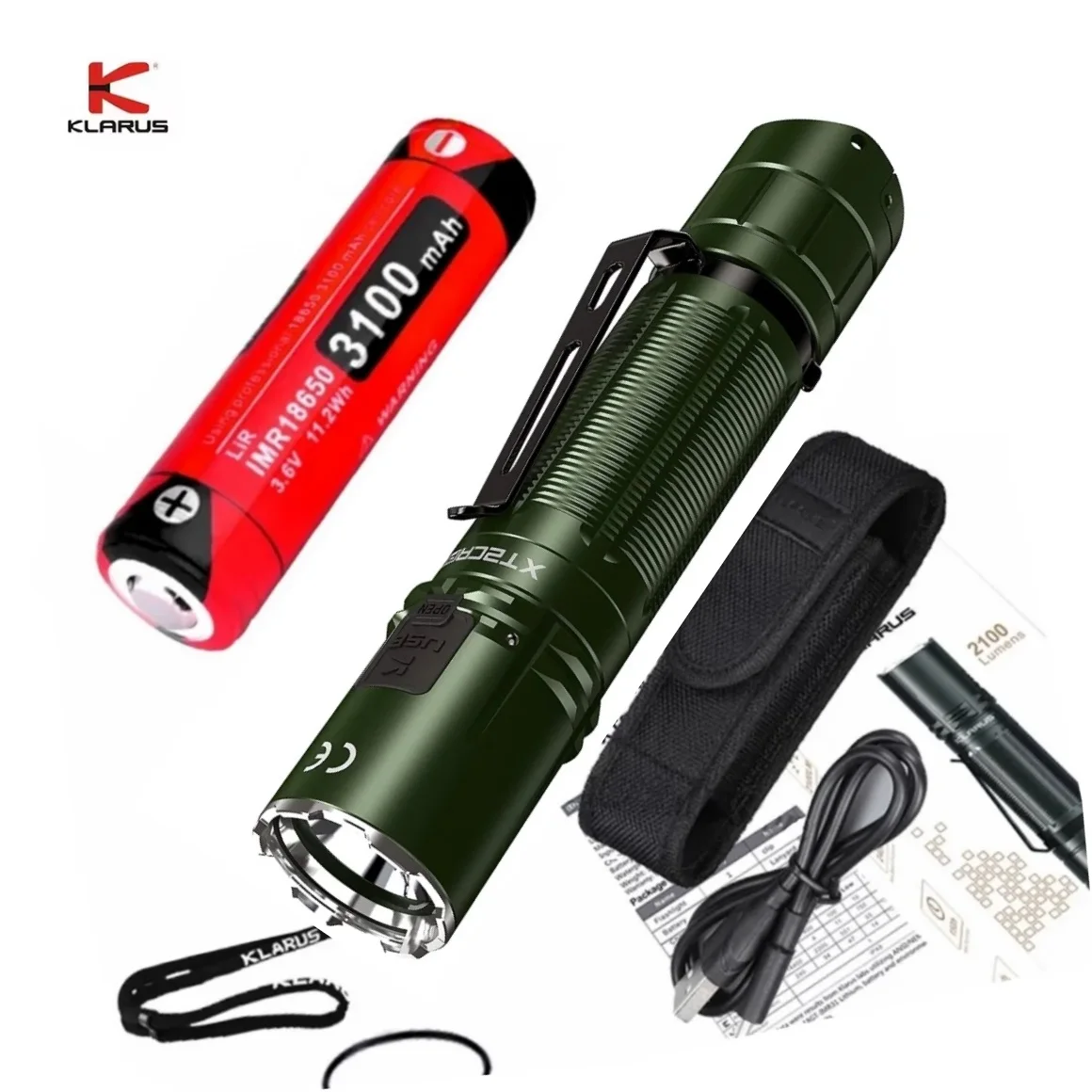 New KLARUS Tactical Flashlight 2100LM Rechargeable Police Torch Light with 18650 3100mah Battery for Camping Self Defense Hiking