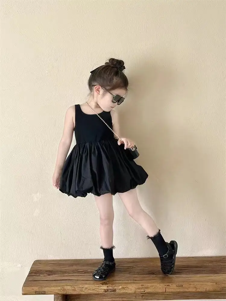 Girls Sleeveless Dress 2024 Summer Children\'s Baby Fashionable Sling Dress Princess Dress Children\'s Little Black Dress