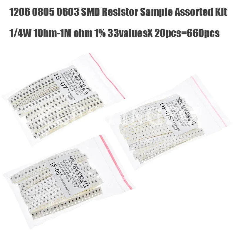 660PCS 1206 0805 0603 0603 0603 Set de mostre de rezistoare de cip 1/4W 1Ohm-1M ohm 1% 33valoriX 20pcs