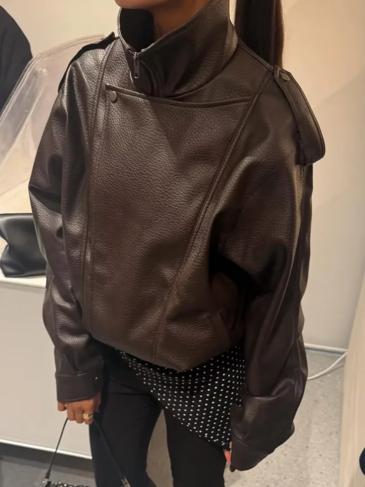 

Vintage Stand Neck Cropped Leather Jacket Women Fashion Zipper Pocket Loose Pu Outwear Lady Autumn New Daily Highstreet Coat