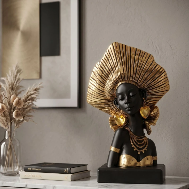 Afrikanische Frauenfigur aus Kunstharz, Stammesfrau-Statue, Ethnische Frauenskulptur, Wohnzimmer-Deko, Schreibtisch-Kunstobjekt