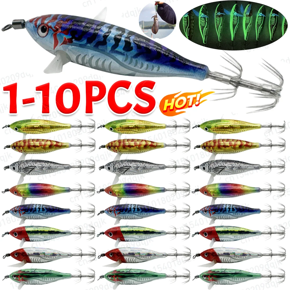 1-10pcs Horizontal Wood Shrimp 5.5g Laser Luminous Floating Egi lure Squid Jigging Shrimp Hook Octopus Cuttlefish Fishing Baits