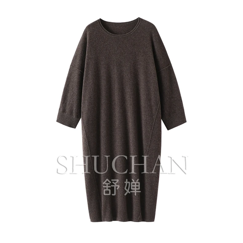 

Knit Dress 100% Cashmere Sweater Women New Thick Warm Knit Clothing Winter Vintage Dress Mid-Calf LOOSE O-Neck Autumn/Winter