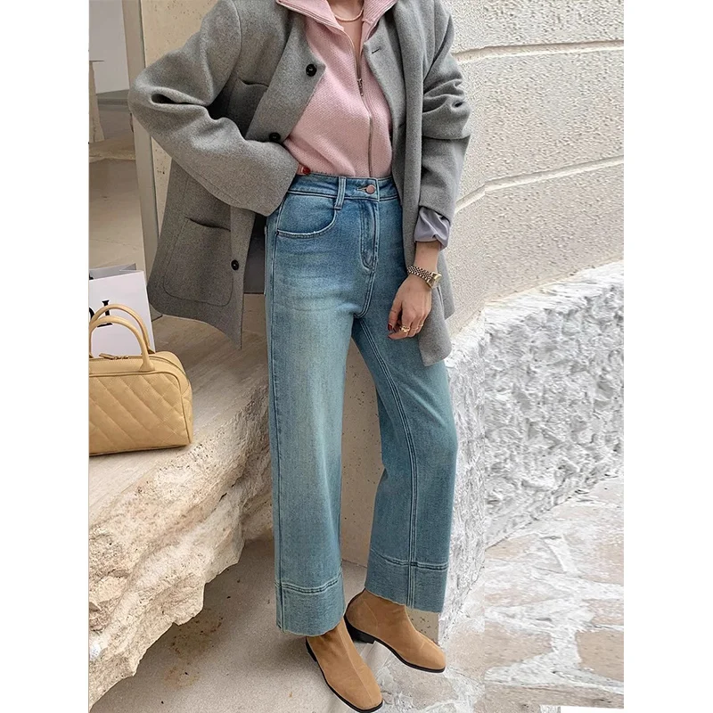 Korean style High-waisted retro jeans women's winter new velvet loose and thin fashion straight wide-leg nine-point pants