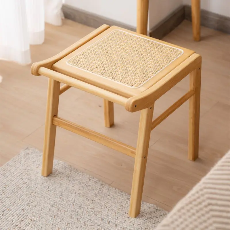 Rattan solid wood stool household Japanese living room reative powder room light luxury low chair stool