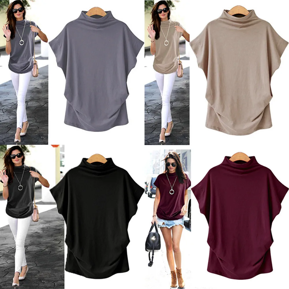 Women\'S High Neck Soft T-Shirt Women Turtleneck Short Sleeve Cotton Solid Casual Blouse Top T Shirt Plus Size Blusa De Mujer