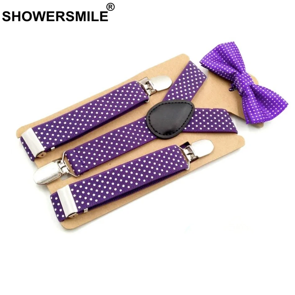 Tirantes SHOWERSMILE para niños con pajarita, soporte para pantalones de lunares negro y morado para niños, tirantes de moda para boda para niños