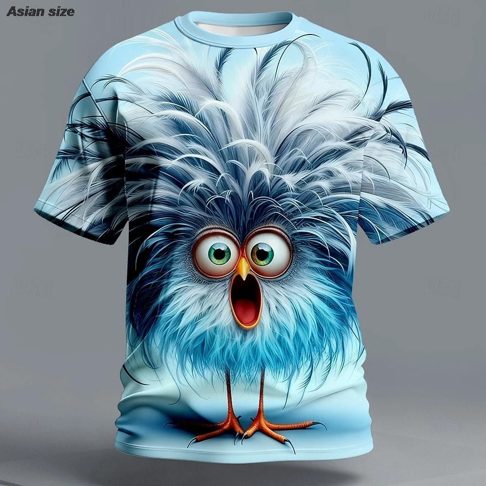 Mens 3D Crazy Bird T-Shirt with Big Eyes Ostrich Graphic Tees Messy Feathers Print Short Sleeve Summer Casual Top for Men