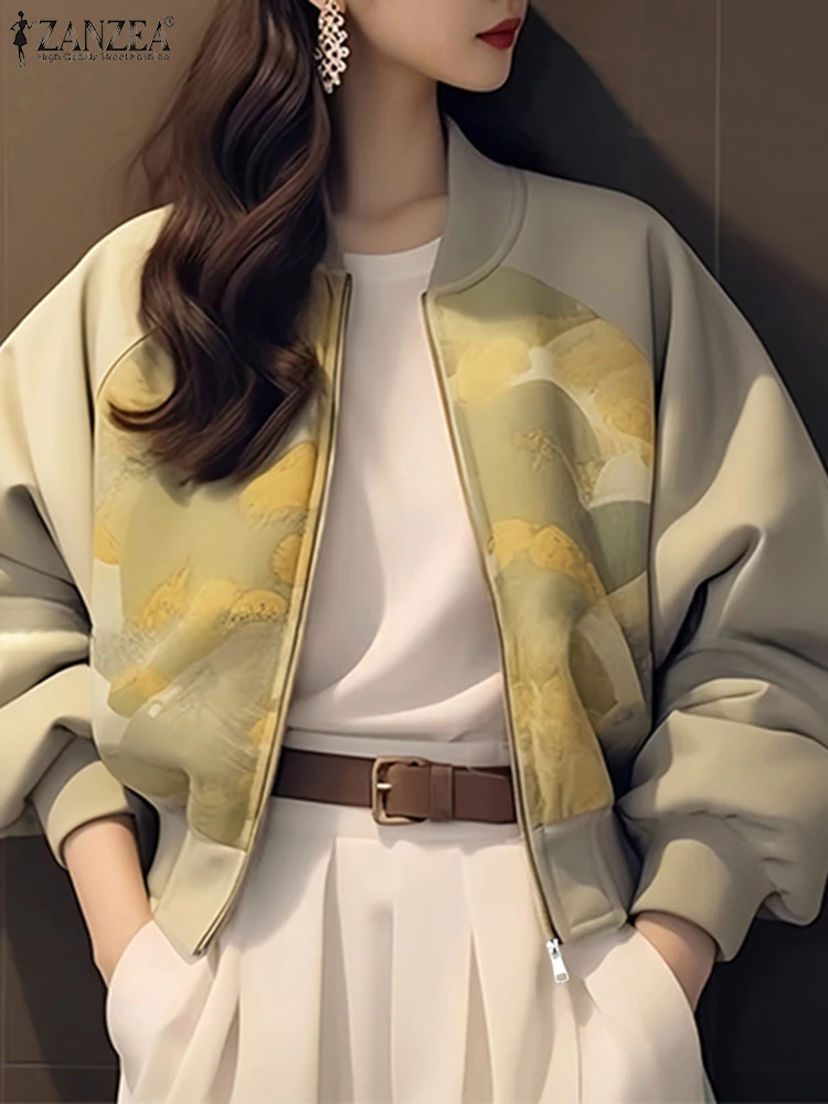 

ZANZEA Fashion Casual Long Sleeve Printed Zipper Jackets Women Loose Coat Streetwear Spring Autumn Woman Outwears Oversize 2025