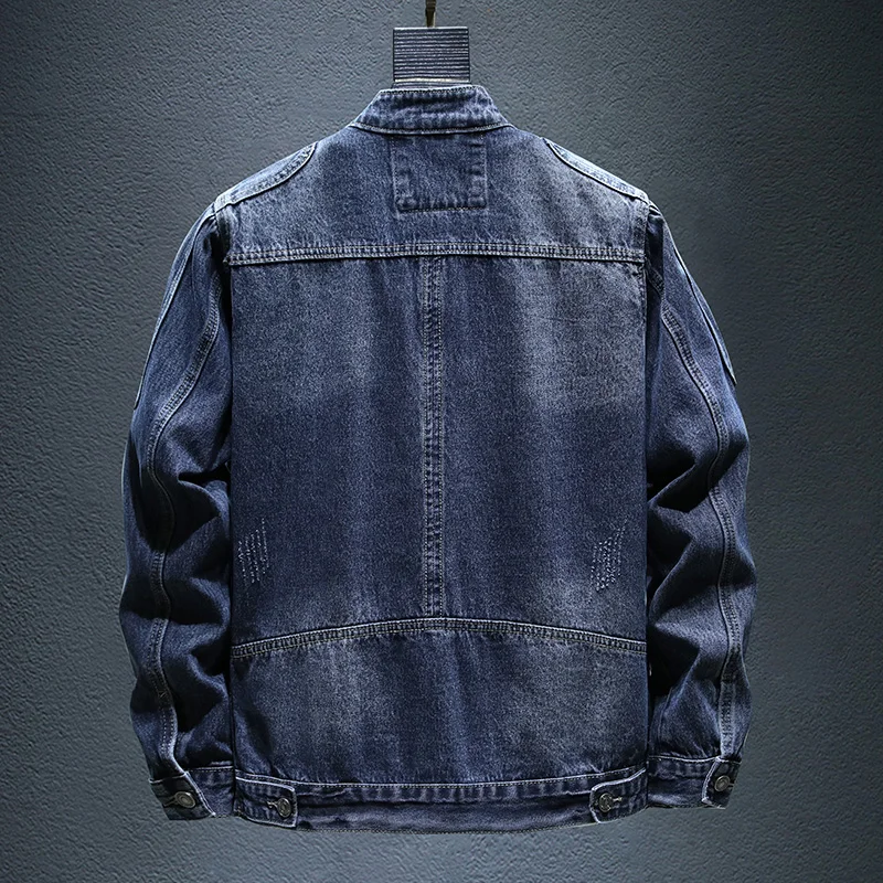 Motorcycle Denim Coat Men's Autumn Trendy Slim Stand Collar Zipper Pocket Design Casual Retro Washed Handsome Casual Clothes
