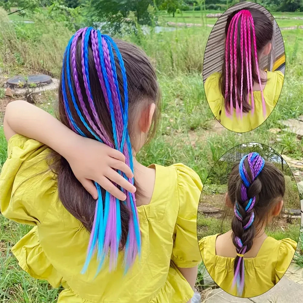 4PCS Girls Kids Colorful Braided Ponytail Hair Extensions Synthetic wigs with Rubber Band 45cm rainbow Y2K Hairpieces Pony Tail