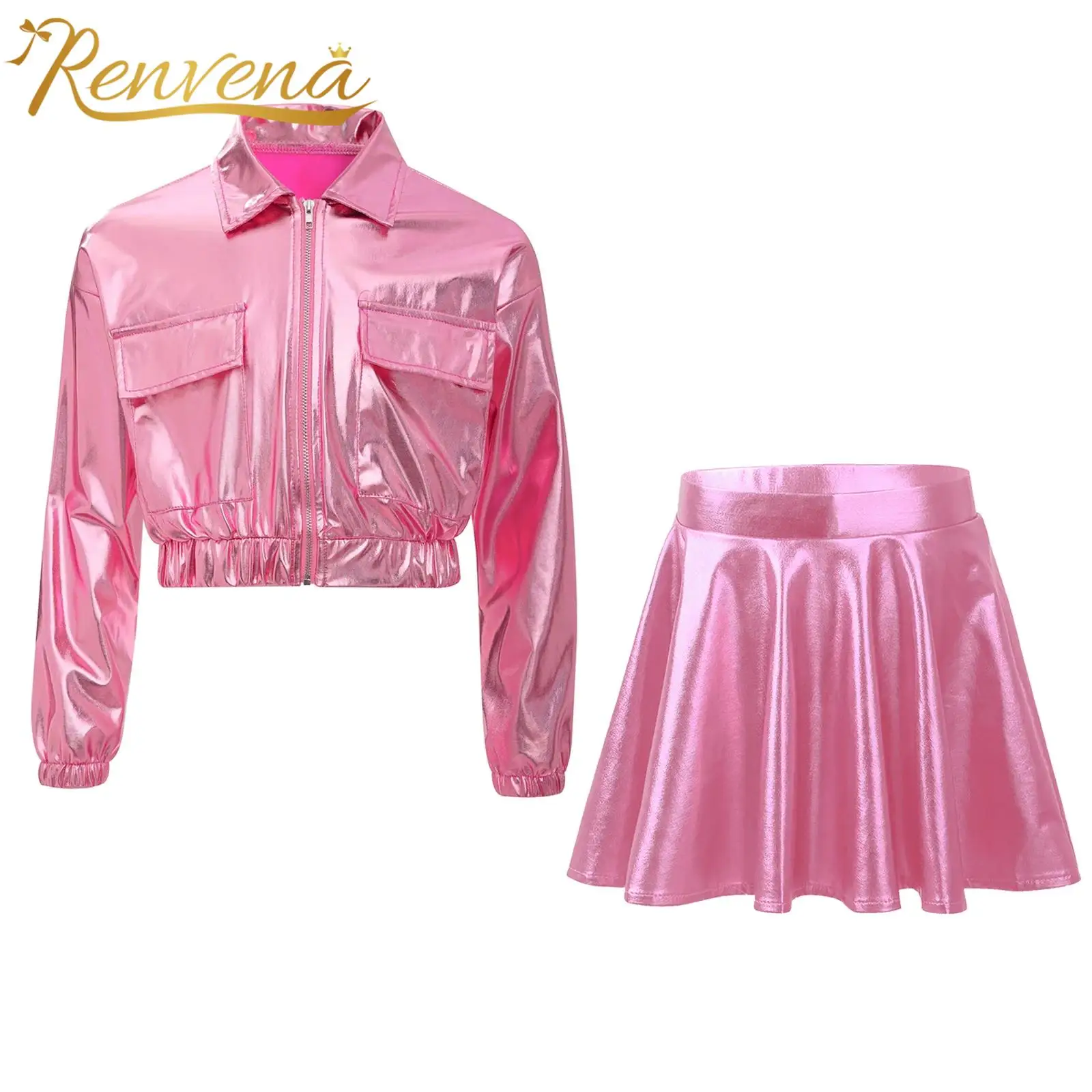 Autumn Kids Girls Cheerlead School Performance Costume Metallic Hip-hop Jazz Dance Outfit Zipper Jacket with Skirt Streetwear