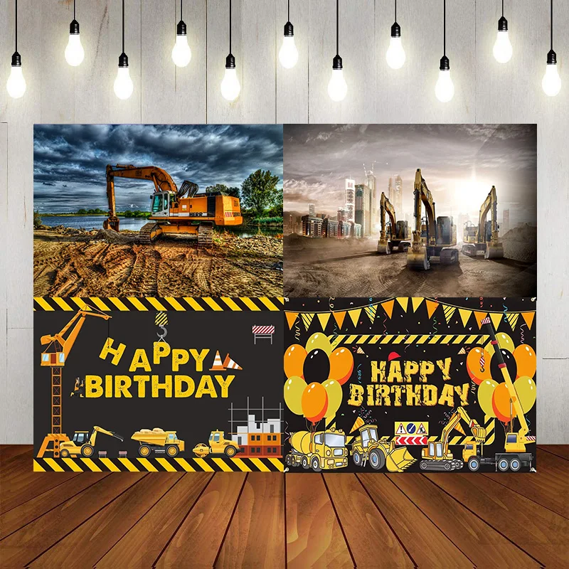 Construction Happy Birthday Party Decoration Banner Dump Truck Backdrop Background Excavator Crane Dump Truck Digger Zone Boys