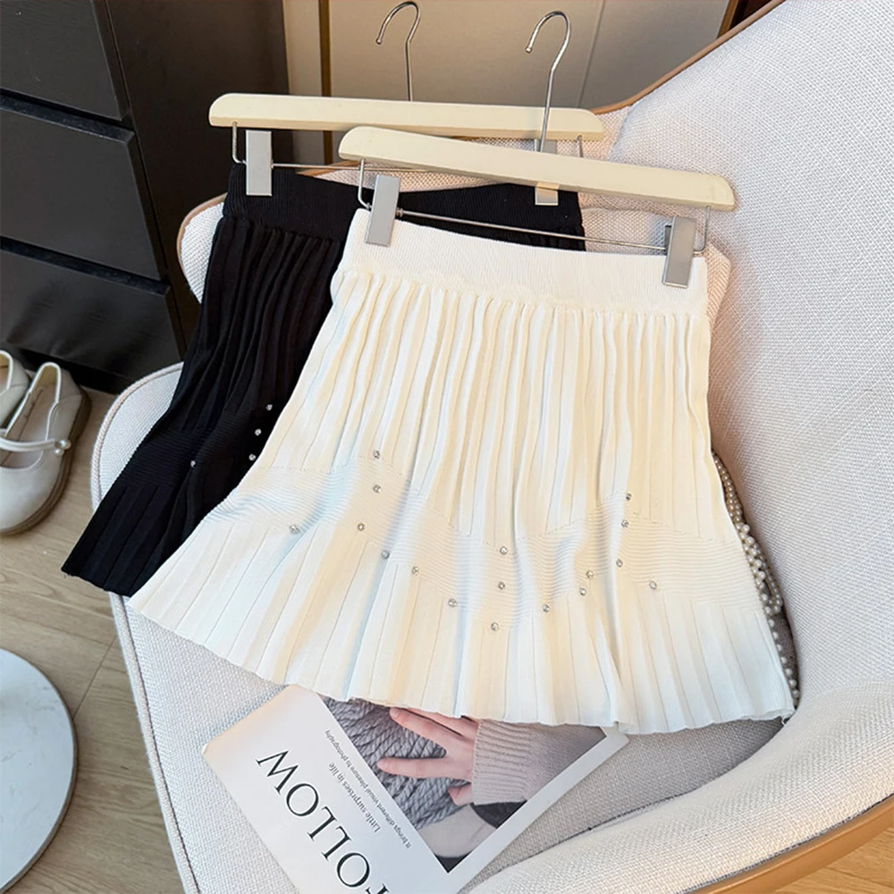 Faux Diamond Embellished Womens Short Skirt New Spring A Line Skirt Sweet Style Fashion Pleated Mini Skirt Womens Clothing