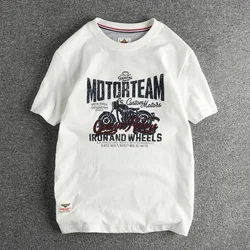 100% cotton summer new vintage motorcycle pattern short-sleeved T-shirt men washed comfortable round neck half-sleeved shirt