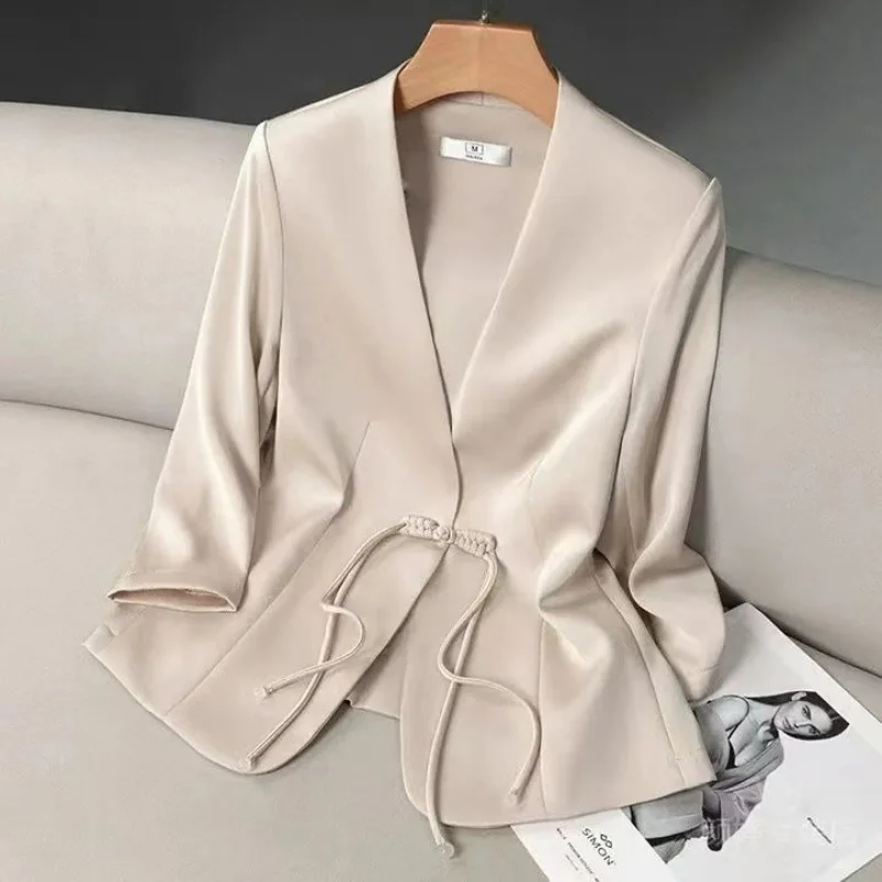 Summer New Chinese Style Fashion Temperament V-neck Suit Coat Women\'s Patchwork Button Long Sleeved Casual Simple Slim Suit Top