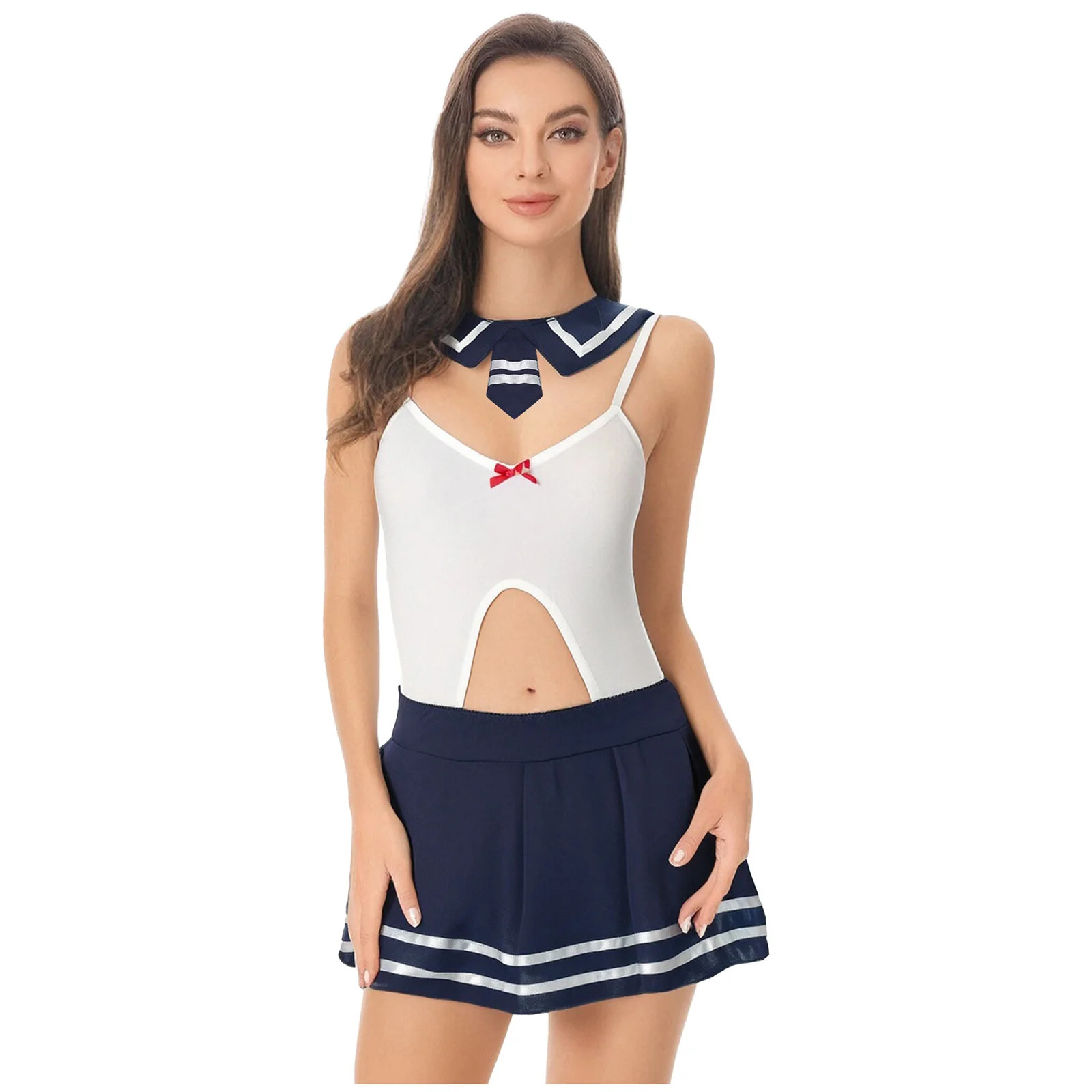 Disfraz de marinero para mujer, traje con tirantes en la entrepierna abierta, minifalda de patinaje con cuello extraíble, trajes de marinero de Halloween