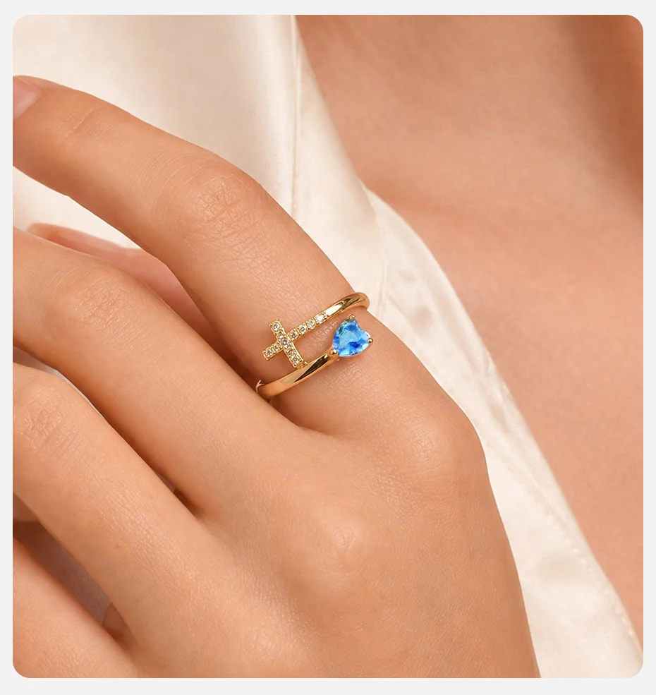 Vnox Vergoldeter Herzring mit AAA-Zirkonia für Damen, Einzigartiges Design, Glänzende Bunte Kristalle, Kreuzring, Romantischer Religiöser Schmuck – Detail 6