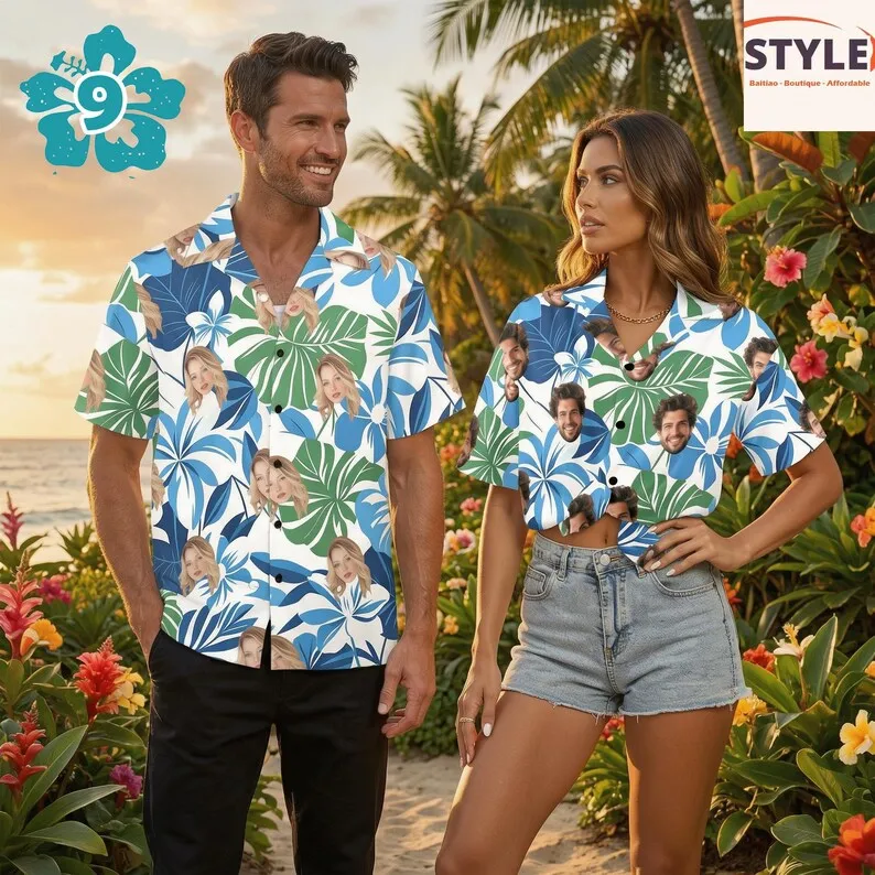 

Custom Face Print Couple Hawaiian Shirts Tropical Palm Leaf Pattern Matching Short Sleeve Button Down Beach Vacation Shirts