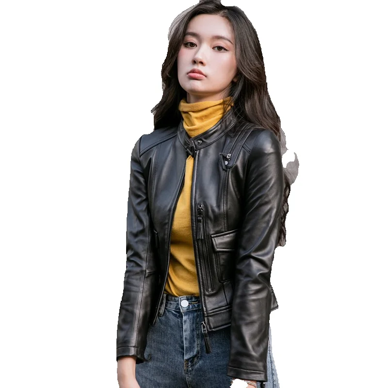Standing Collar Genuine Leather Jacket For Women's Short And Semi Vegetable Sheepskin Spring Explosive Motorcycle Jacket Jacket