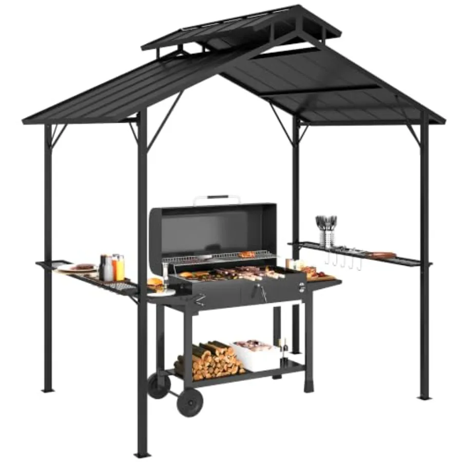 8' x 5' Hardtop Grill Gazebo Double Metal Roof, 2 Side Shelves