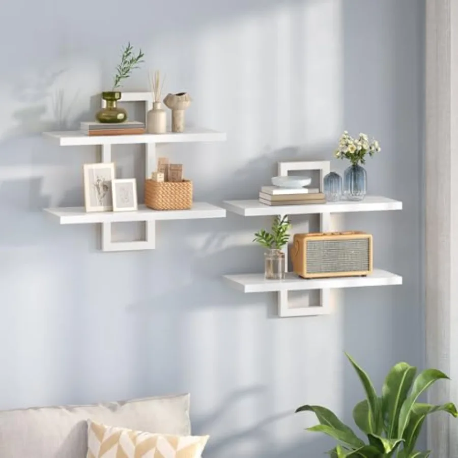 

15 Inch Floating Wall Shelves Set of 2 White 2-Tier Wall Mounted Storage Shelves for Bathroom Living Room Bedroom Kitchen Hangi