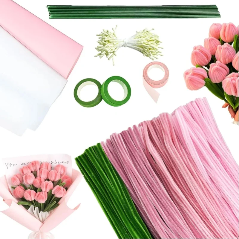 400 Stück Bastelreiniger, rosa-grüne Reinigungsstäbchen, Chenille-Stiele mit grünen Stielen, Bänder, Blumenkerne, DIY-Kunst- und Bastelbedarf