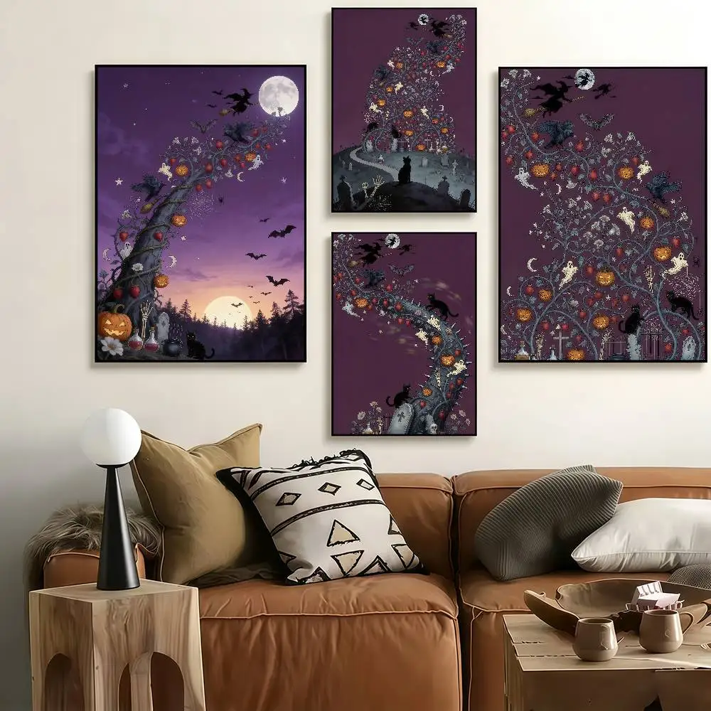 Halloween Jack-O-Lantern Black Cat Witch Moon Poster Stickers Art Print Retro Artistic Wall Decor HD LivingRoom DecorUnique Gift