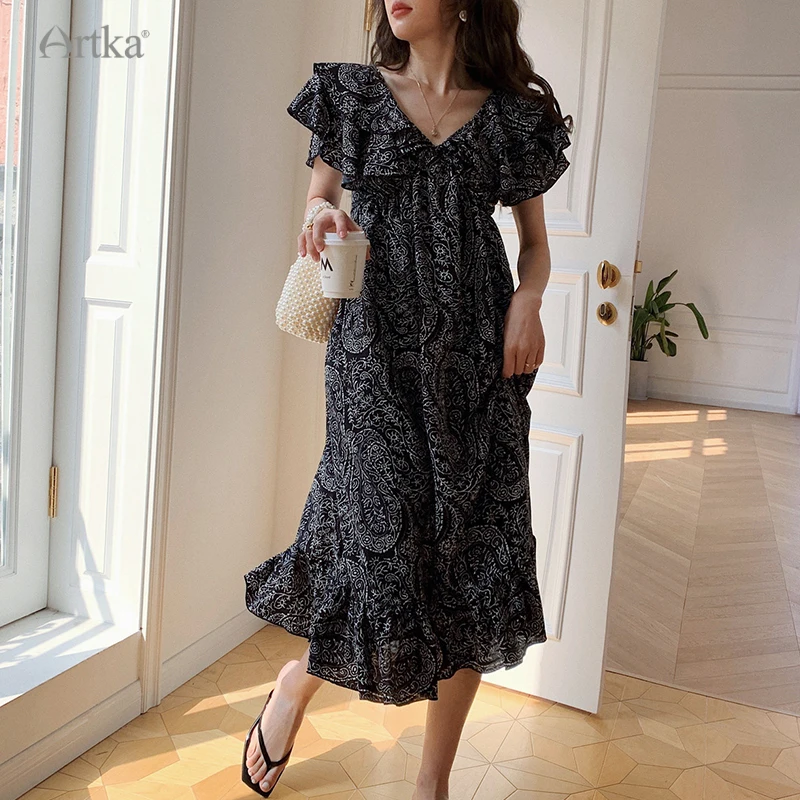 ARTKA 2023 Summer New Women Dress Elegant Ruffles V-Neck Short Sleeve Dresses Loose Long A-Line Chiffon Dress Female 22LA024X