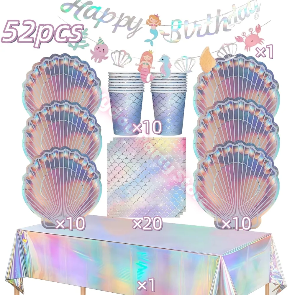 Meerjungfrau-Geburtstagsparty-Dekorationen: Farbverlauf-Muschelteller, Becher, Servietten, Ballons, Banner, Partydeko für Mädchen, Babyparty-Zubehör – Detail 14