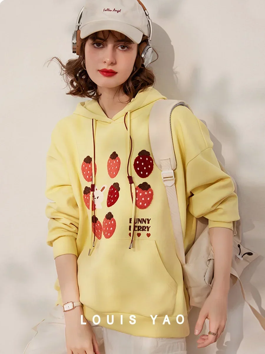 LOUIS YAO 2024 Spring Autumn Hooded Cartoon Embroidered Women's Hoodie Fashionable Age Reducing Casual Long Sleeved Loose Top