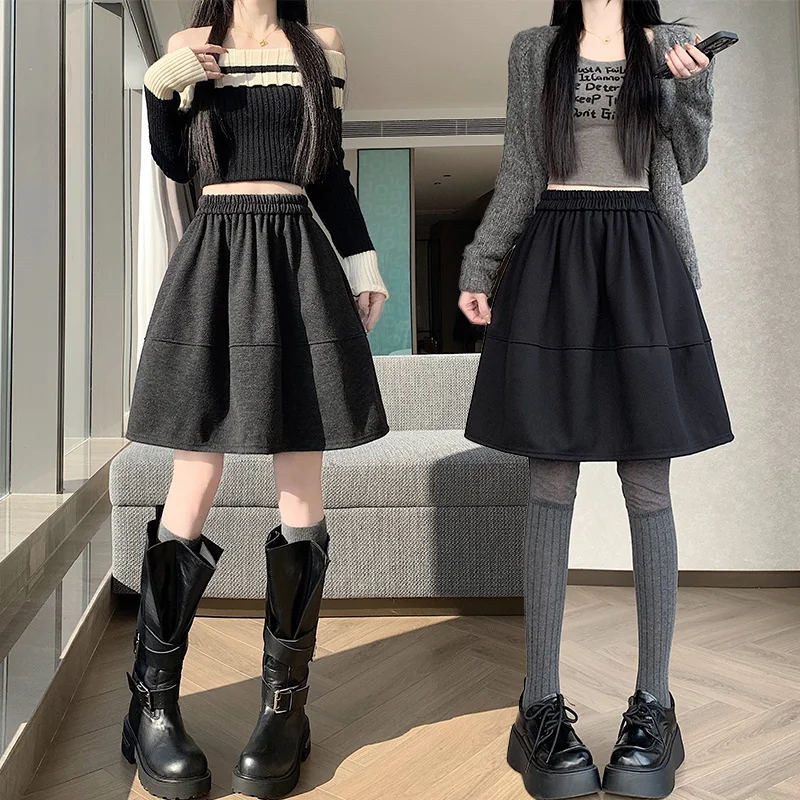 Thiened الصوفية ألف خط تنورة المرأة الخريف الشتاء جديد منتفخ تنورة عالية الخصر ميدي تنورة ort تنورة الكورية Sle