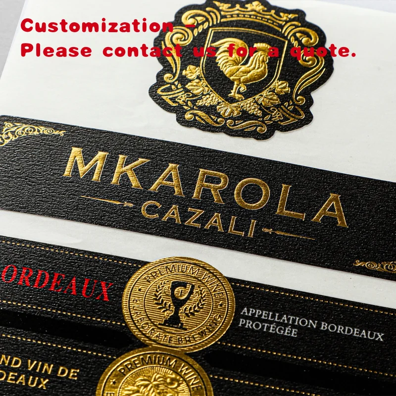 

custom.Luxury Black Premium Champagne Labels 3D Embossed Texture Foil Wine Bottle Label Glass Bottle