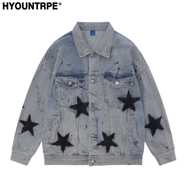 

Stars Graffiti Printed Denim Jackets Mens Fashion Hip Hop Long Sleeve Coats Outerwear Y2k New Casual Streetwear Jeans Jackets