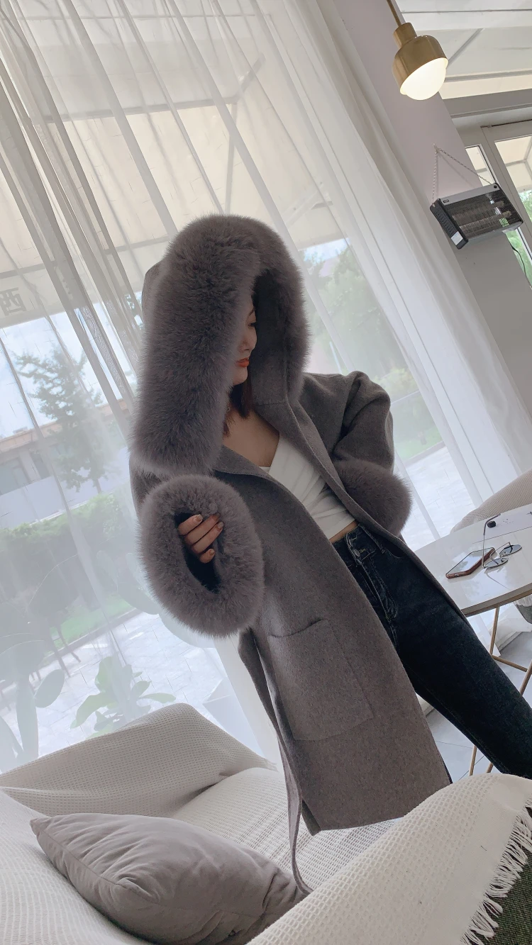 FURYOUME Real Fur Coat for Women Oversize Jacket Loose Cashmere Wool Blends Natural Fox Fur Hood Outerwear with Belt Winter