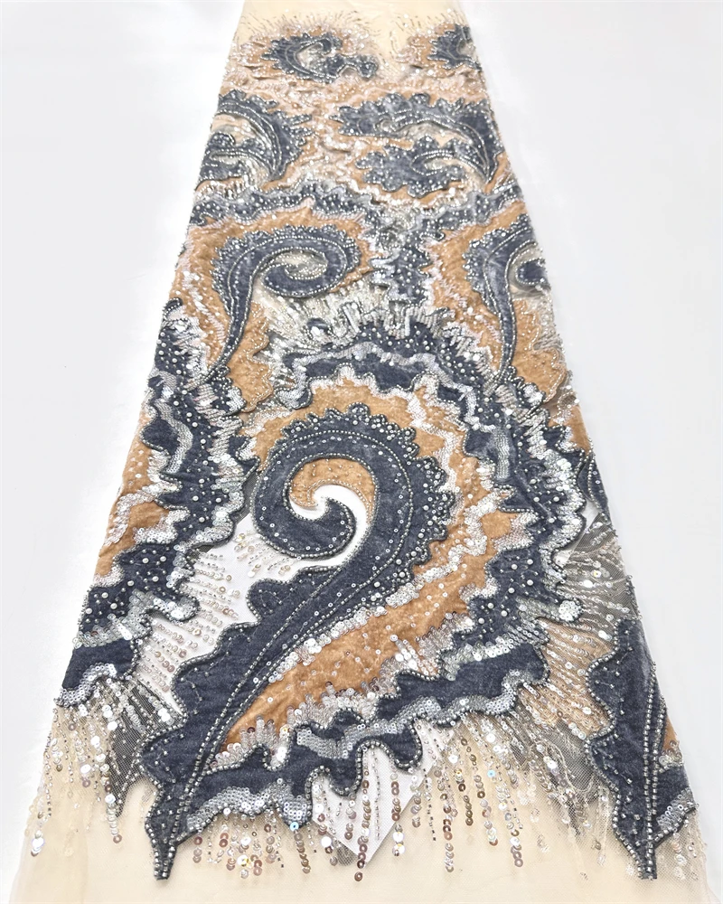 Luxuriöser 3D-natürlicher handgefertigter Perlen-Spitzenstoff, afrikanischer Tüll, Pailletten, Perlenstickerei, französisches Netz, 2025