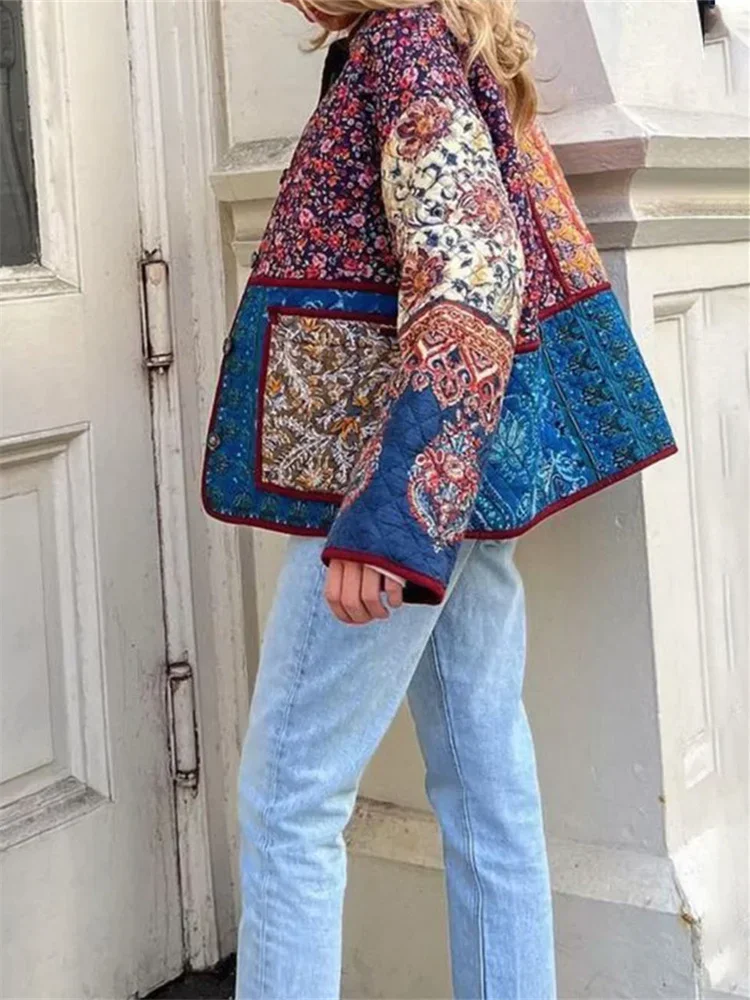 

Long Sleeve Button Up Outwear Women's Floral Print Jacket Fall Winter Warm Quilted Coats