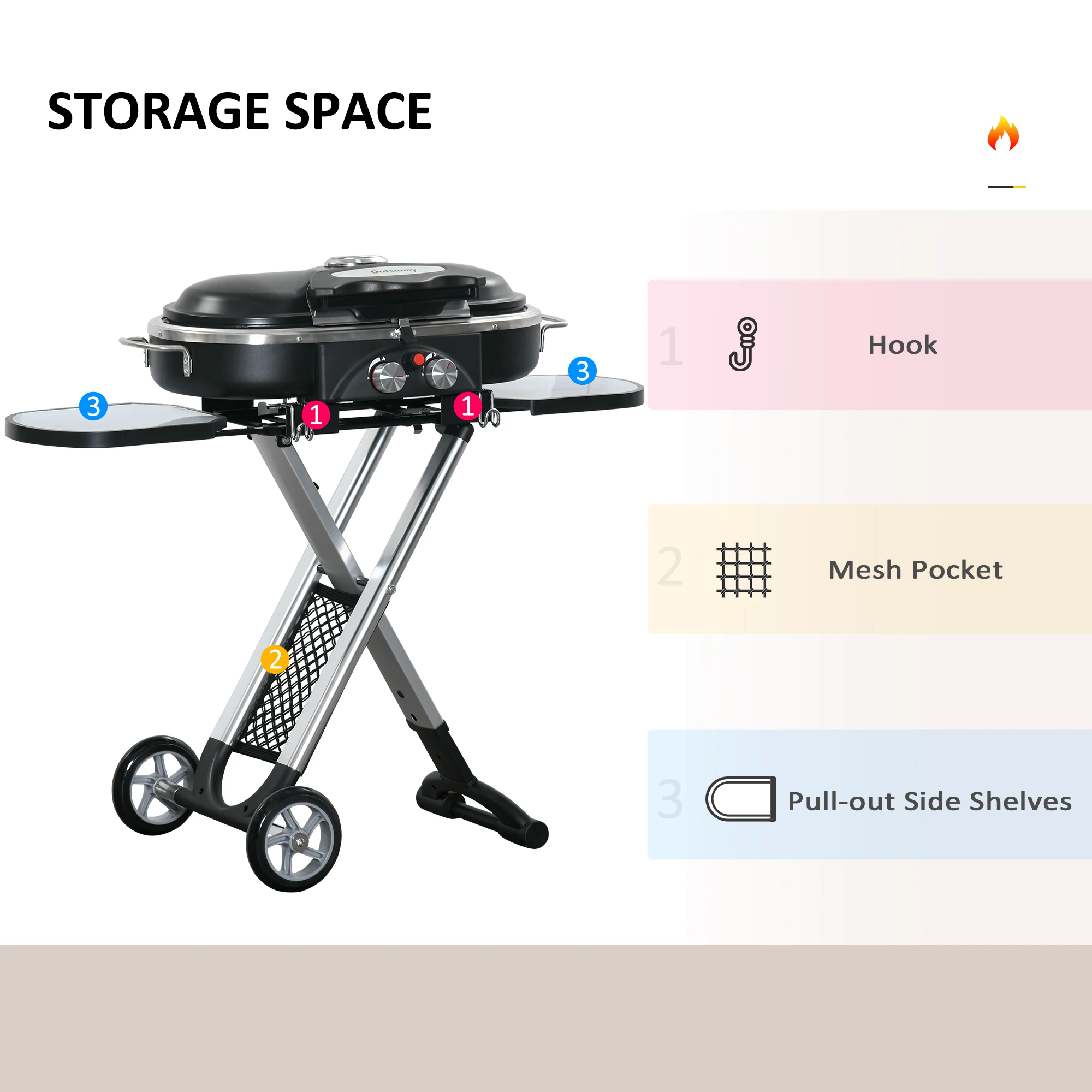 Outsunny Foldable 2 Burner Gas BBQ Grill Trolley w/ Side Shelves Storage Pocket