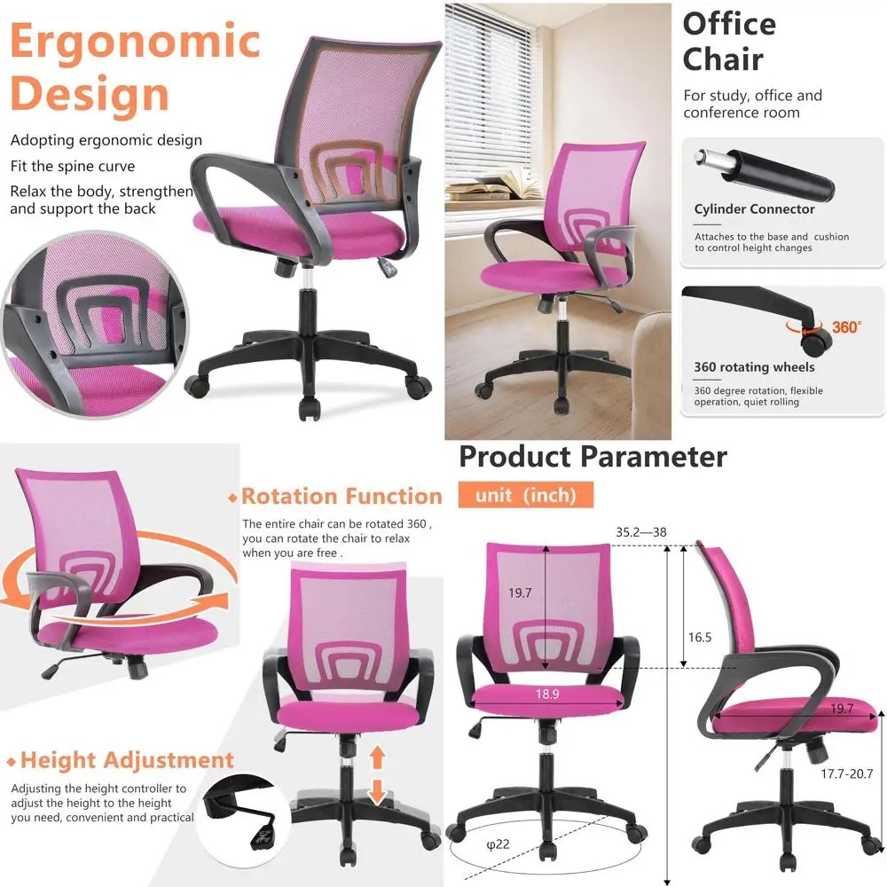 

Эргономичное офисное кресло с сетчатой спинкой, регулируемое поворотное сиденье для женщин и мужчин, розовое