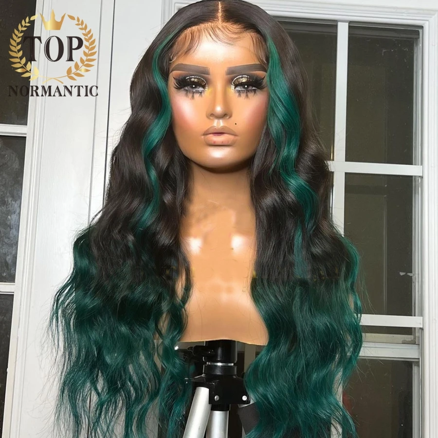 Topnormantic Highlight Green Color Body Wave Wig with Baby Hair 13x6 Lace Front Remy Brazilian Human Hair Wigs for Women