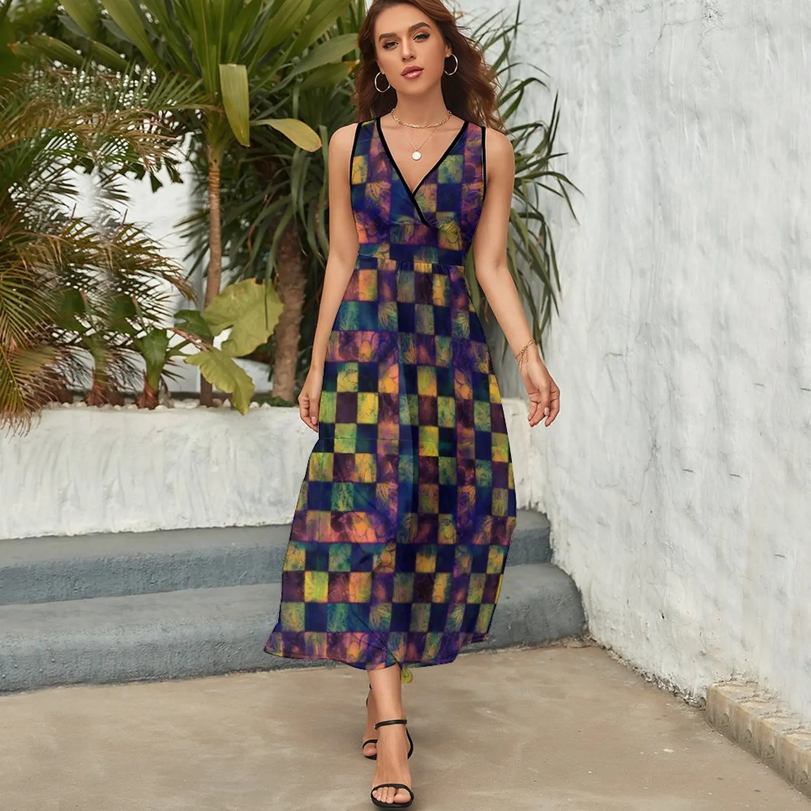 Vestido maxi estampado em retalhos, arco-íris damasco, moda coreana, vestidos longos boêmios, cintura alta estampada, vestidos de tamanho grande, praia