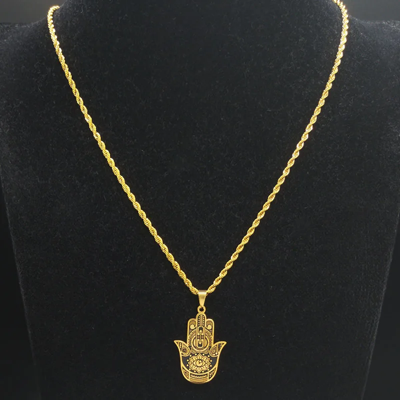 2024 Fashion Hamsa Hand Stainless Steel Chain Necklace for Men Gold Color Necklaces Pendants Jewerly colgante hombre N932S02