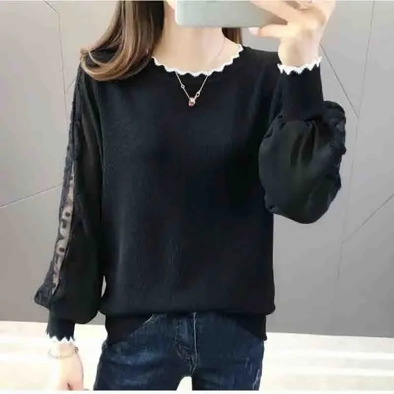 한국 여성용 레이스 니트 탑 봄 가을 패션 랜턴 소매 쉬폰 레이스 탑