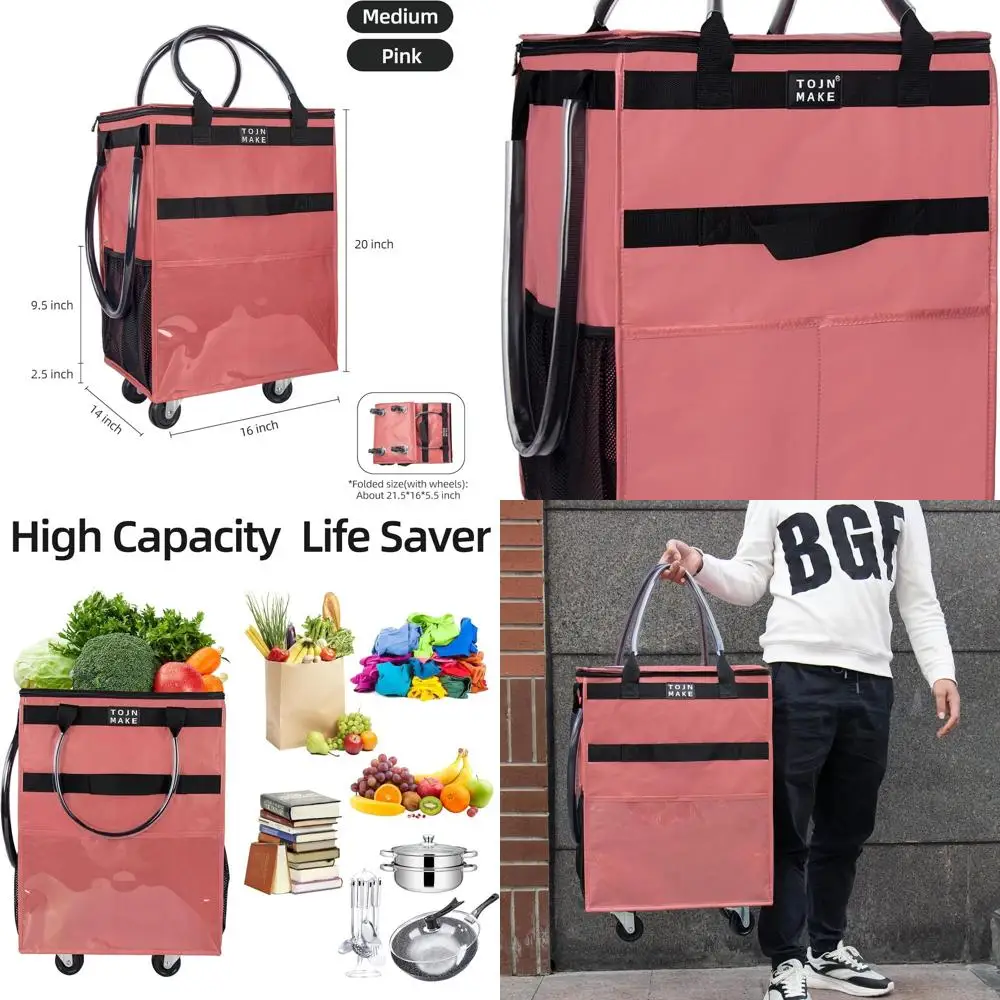 حقيبة تسوق بعجلات قابلة لإعادة الاستخدام مع 8 جيوب، بسحاب، تحمل 46 رطلًا، قابلة للطي، شديدة التحمل، لون وردي متوسط