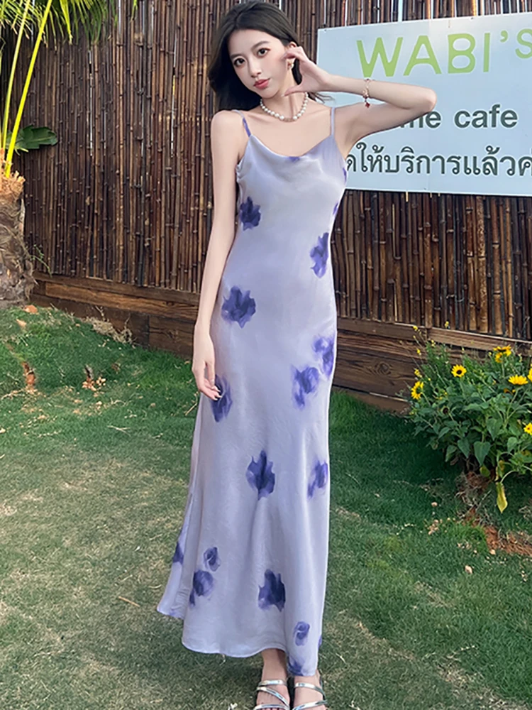 Verano púrpura satén Floral Sling Sexy vestido largo mujeres elegante Casual vestido para casa 2025 moda coreana ceñido al cuerpo Festival vestido de graduación