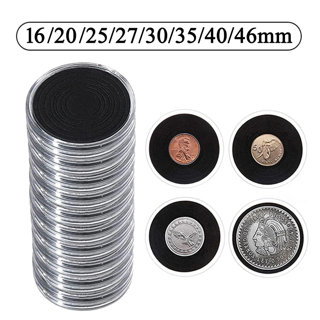 40Pcs 46MM Coin Capsule Case with 7 Sizes(16/20/25/27/30/35/40MM) Adjustable Black Gasket for Collector Coin Collection Holder